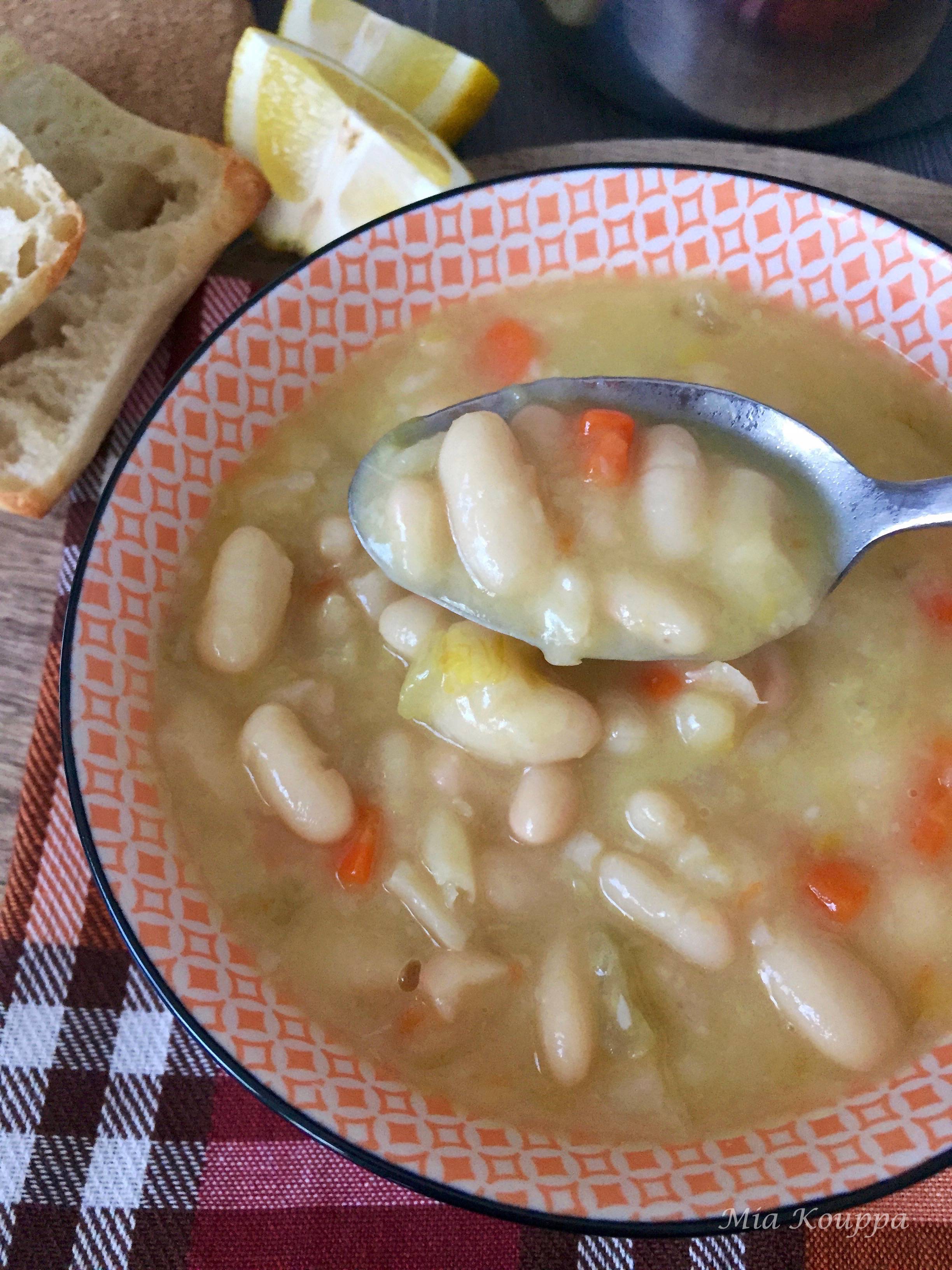 Fasolatha, a bean soup, flavoured with fresh lemon juice