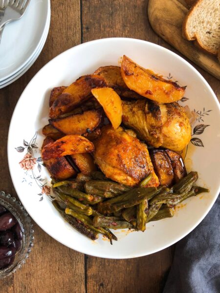 Stewed rooster with okra and potatoes