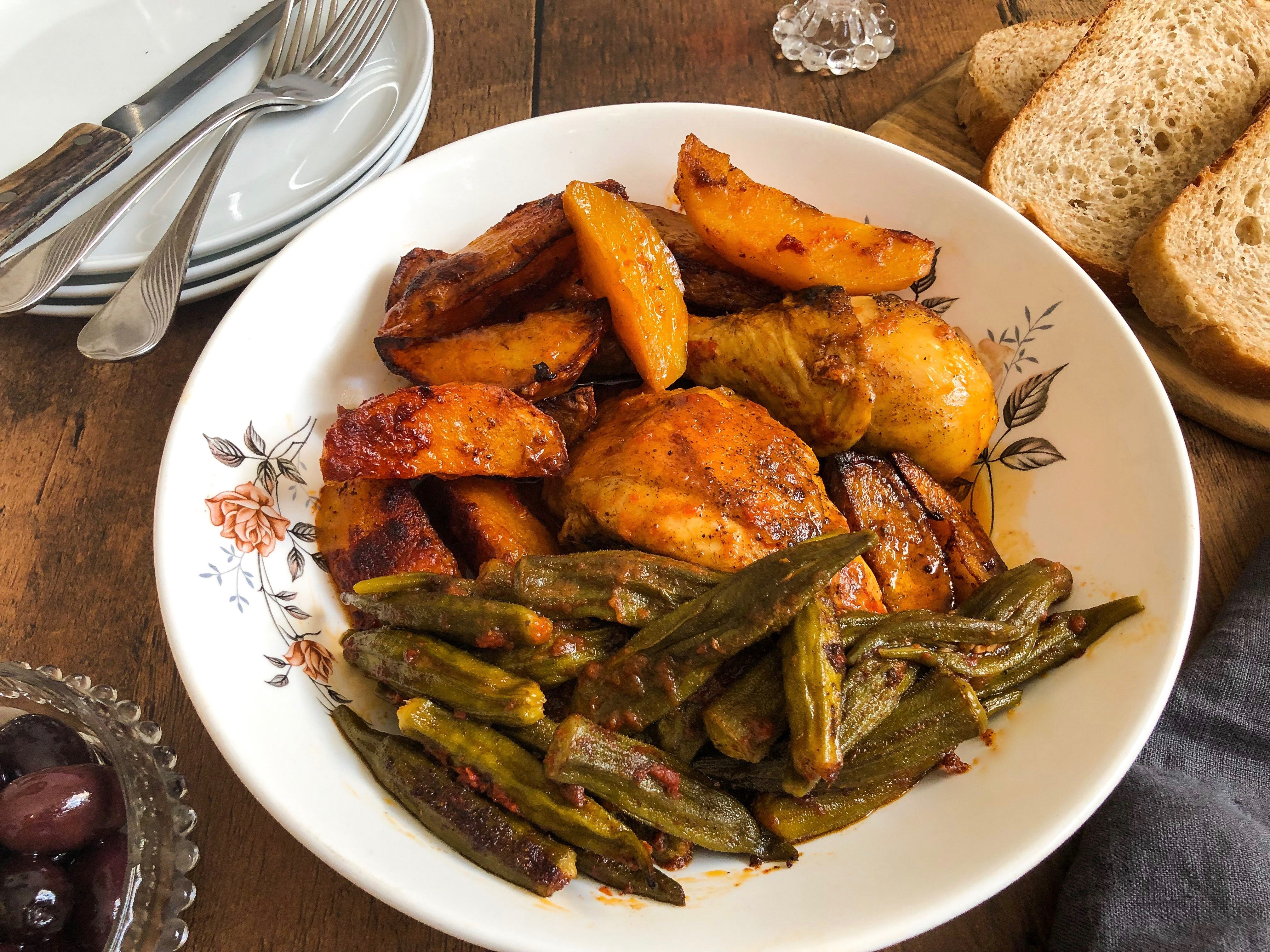Stewed rooster with okra and potatoes