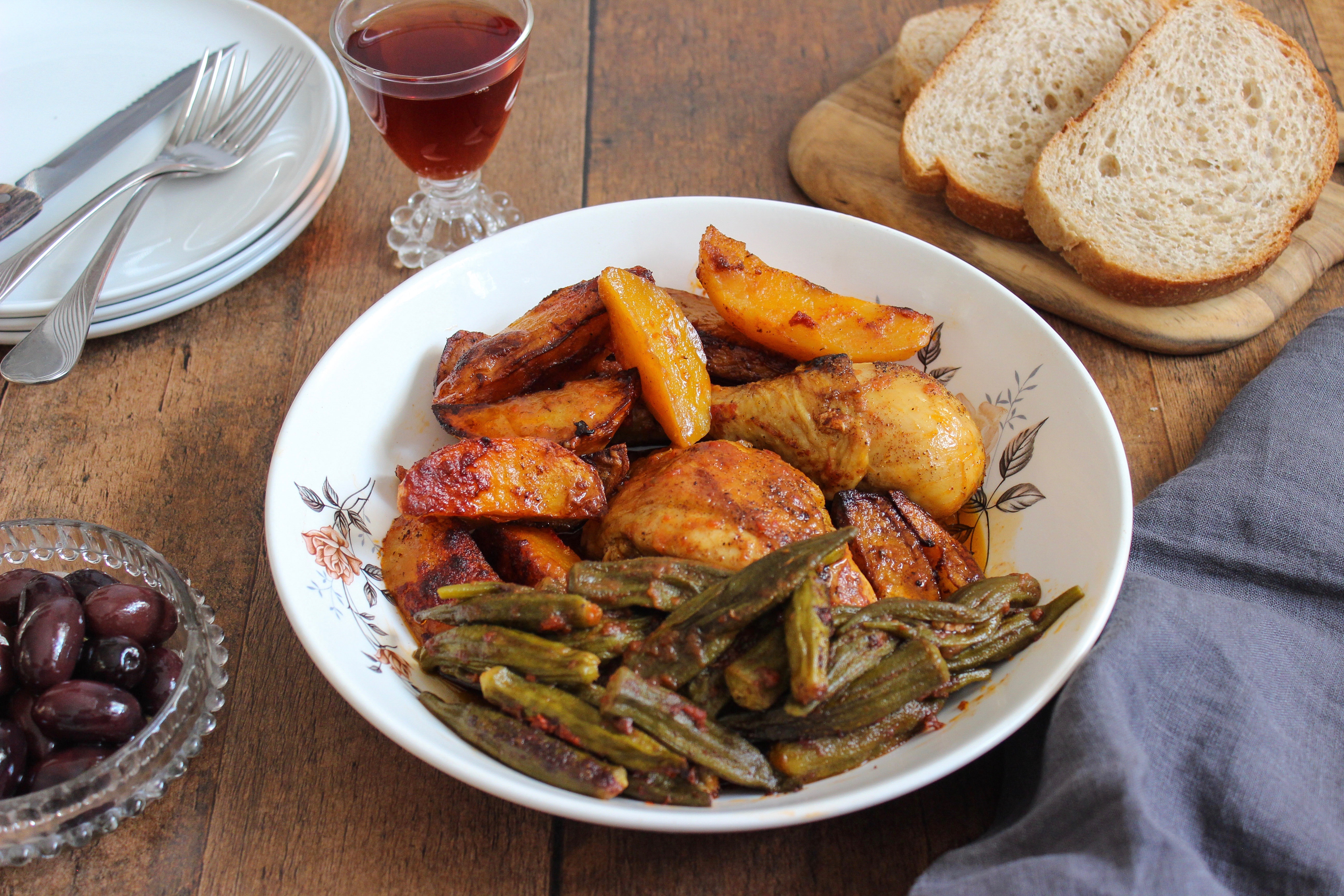 Stewed rooster with okra and potatoes
