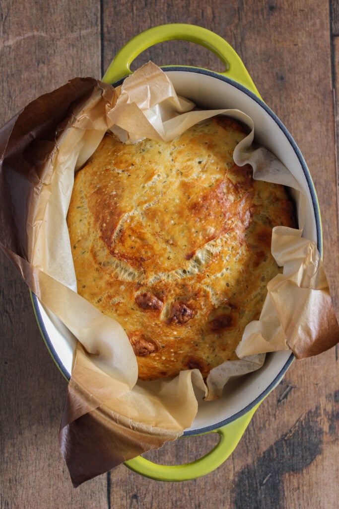 No-knead bread with halloumi, mint and orange