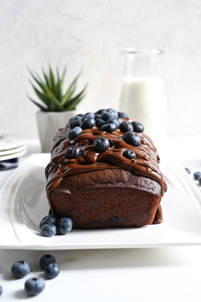 A vegan cake rich with chocolate flavour, blueberries and a chocolate glaze