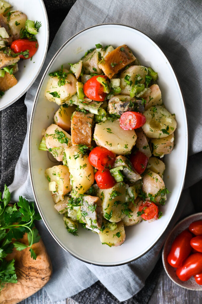 A traditional Greek potato salad with smoked herring from Messinia