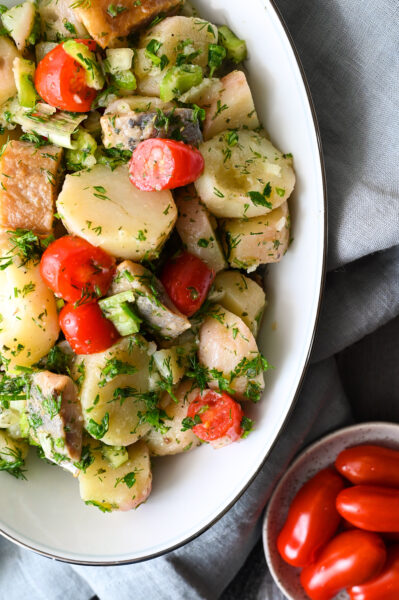A traditional Greek potato salad with smoked herring from Messinia
