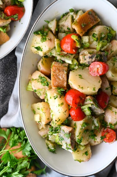 A traditional Greek potato salad with smoked herring from Messinia