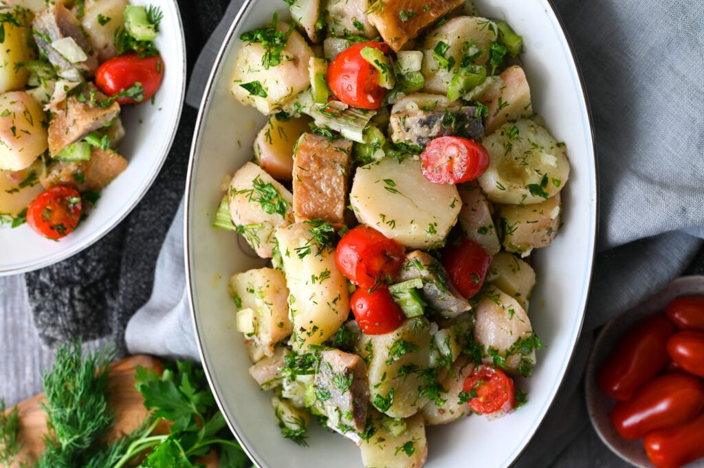 A traditional Greek potato salad with smoked herring from Messinia