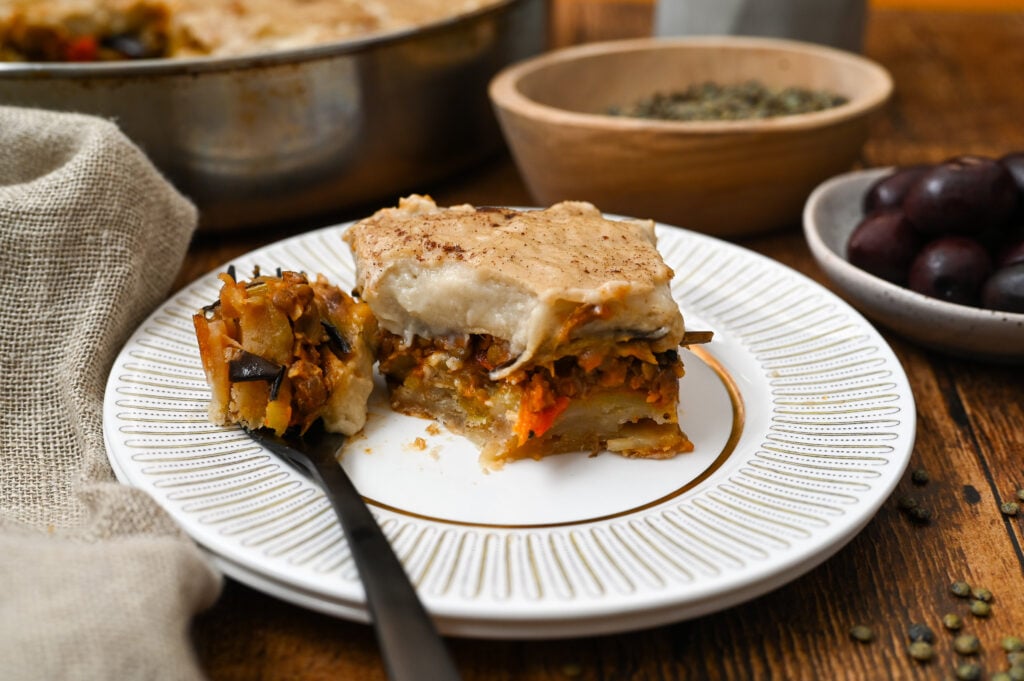 A recipe for a plant-based, soy-free version of the classic Greek moussaka.