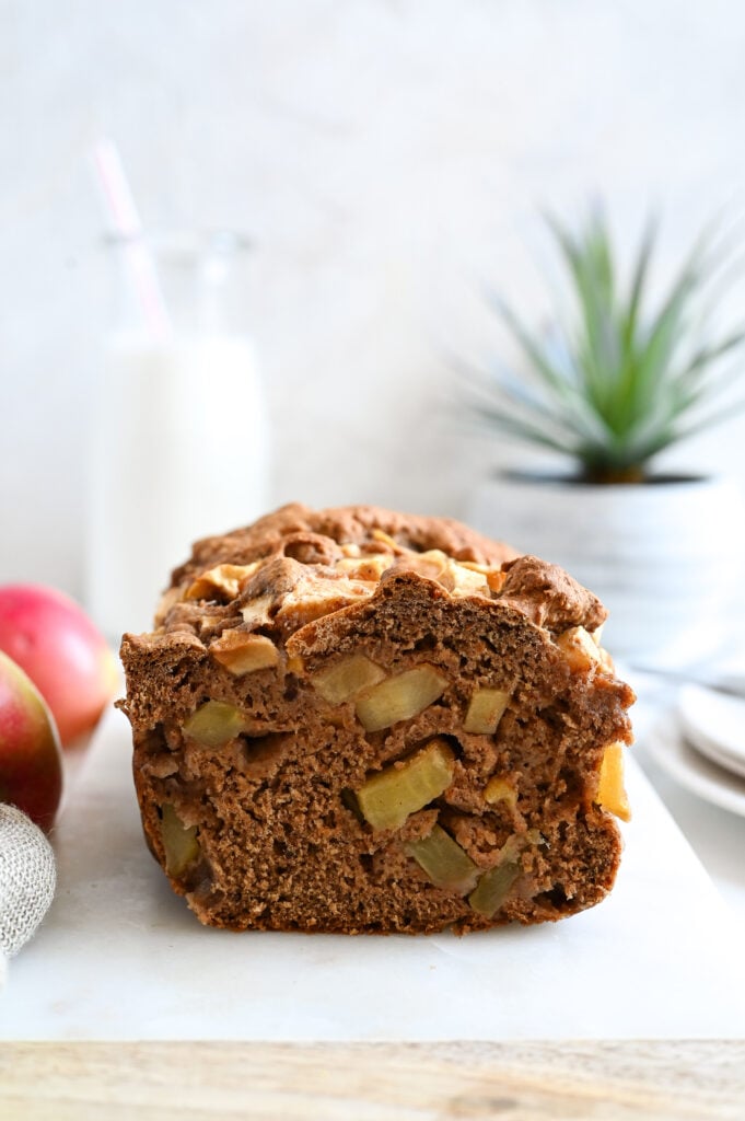 A wholesome apple cake which is vegan, fat-free, and sweetened with maple syrup.