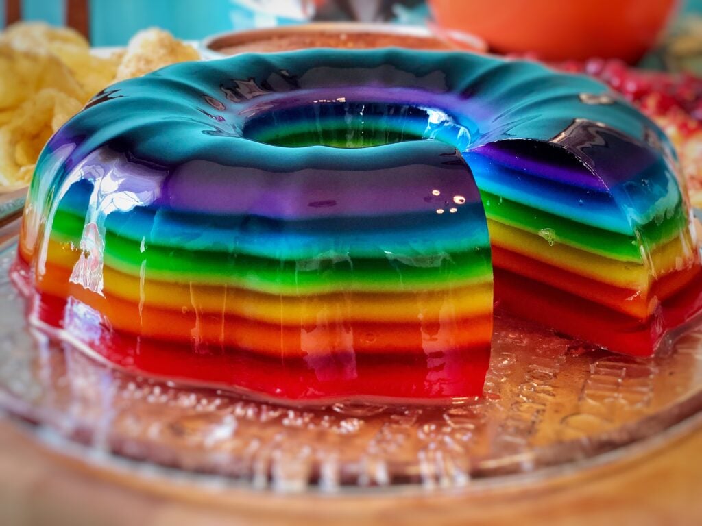 A colourful dessert made with a variety of Jell-O flavours
