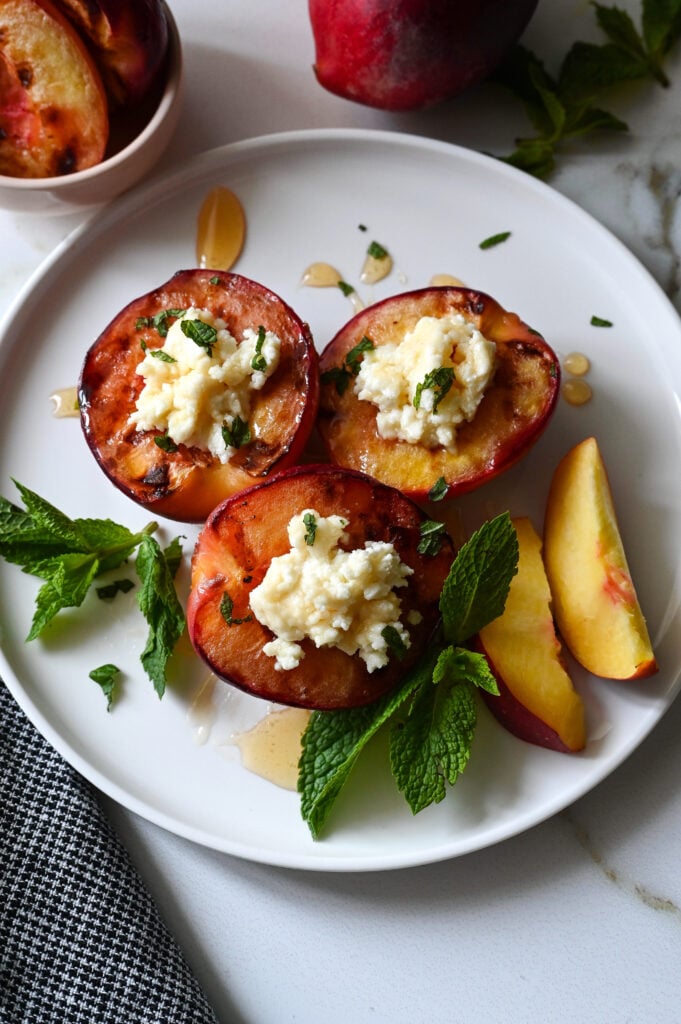Grilled peaches with feta and honey is a simple and delicious summer dessert or brunch idea