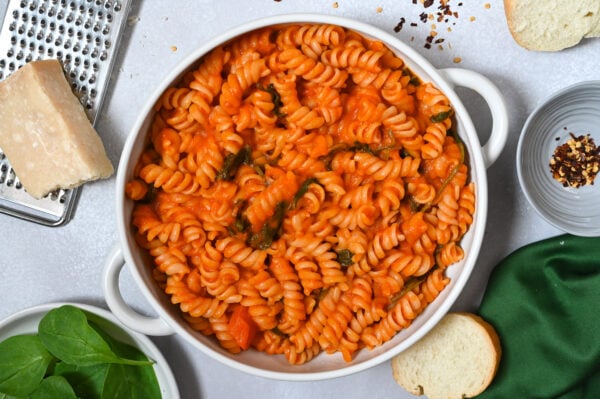 An easy pasta recipe with a smooth and spicy tomato and red pepper sauce