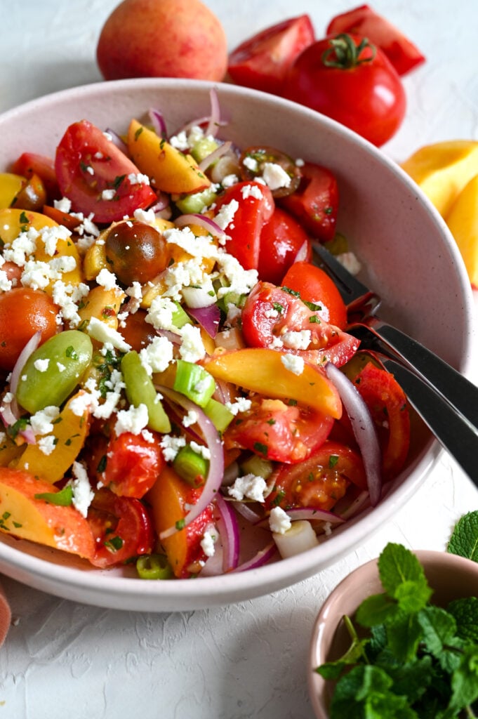 Peach, tomato and feta salad is a refreshing and delicious summer side or light meal.