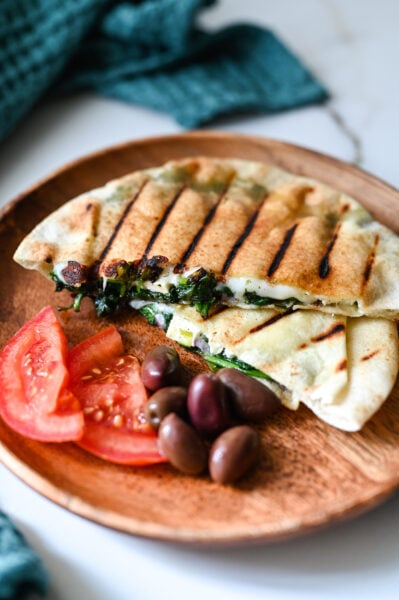 Spinach and cheese pita pocket full of spinach, feta and mozzarella.