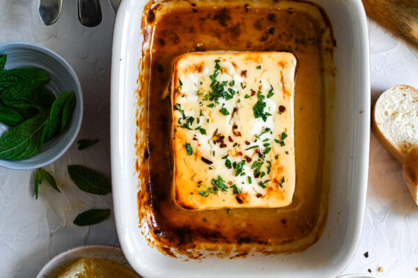 Baked Feta topped with honey and mint.