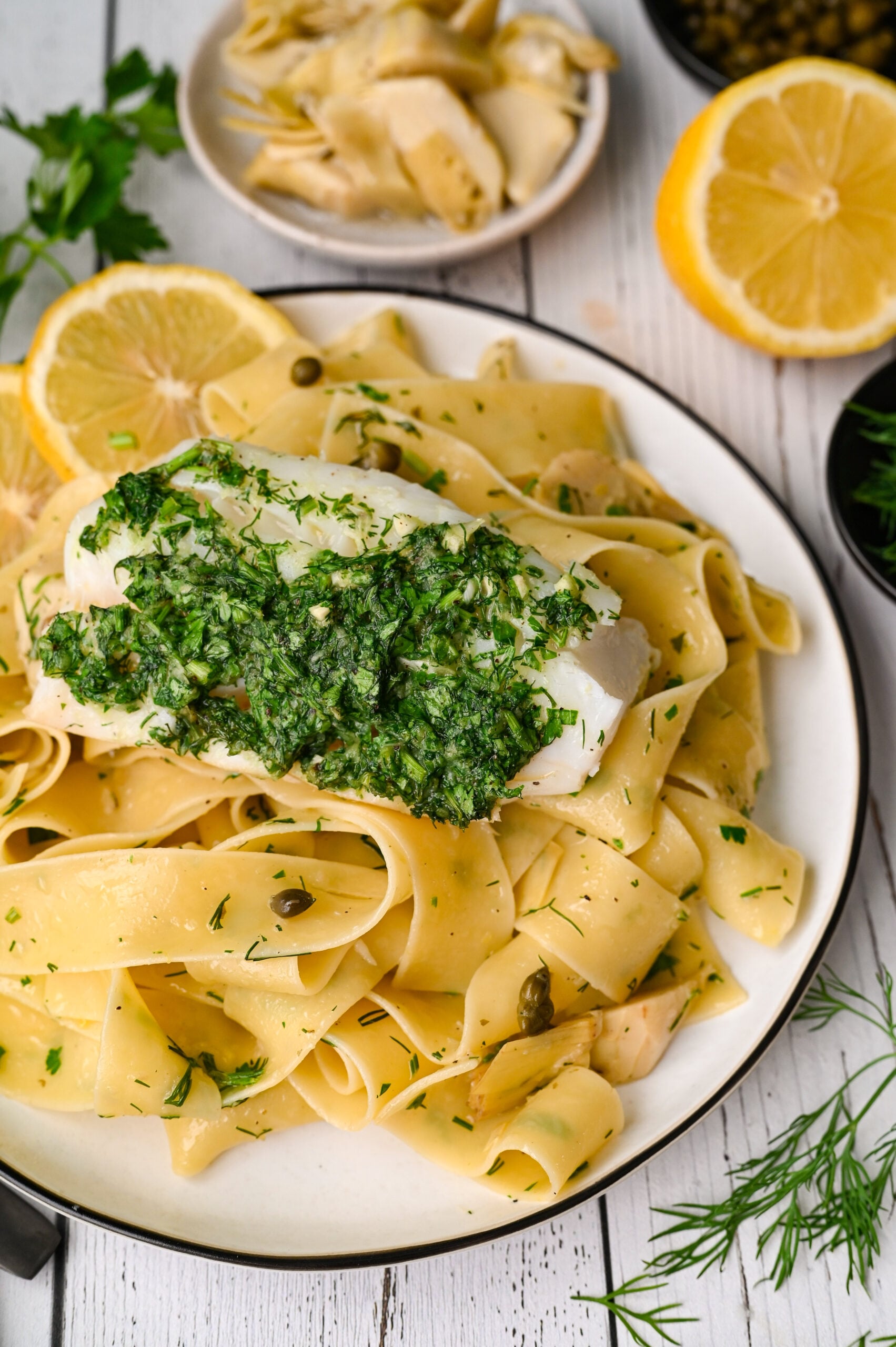 Herb baked cod with pasta and marinated artichokes : Mia Kouppa