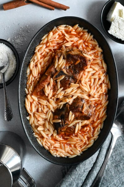 Youvetsi with lamb is a classic Greek slow cooked meal made with lamb and orzo.