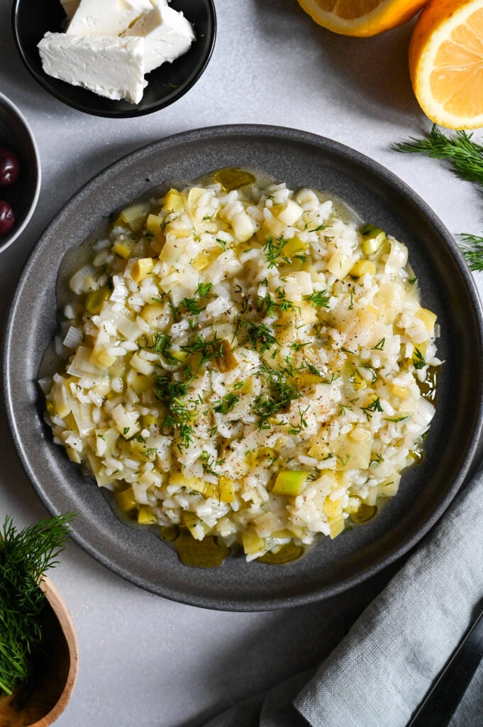 Prasorizo is a classic Greek vegan meal made with leeks and rice.