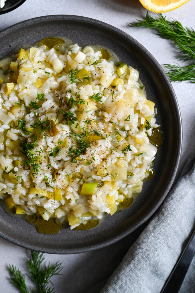 Prasorizo is a classic Greek vegan meal made with leeks and rice.