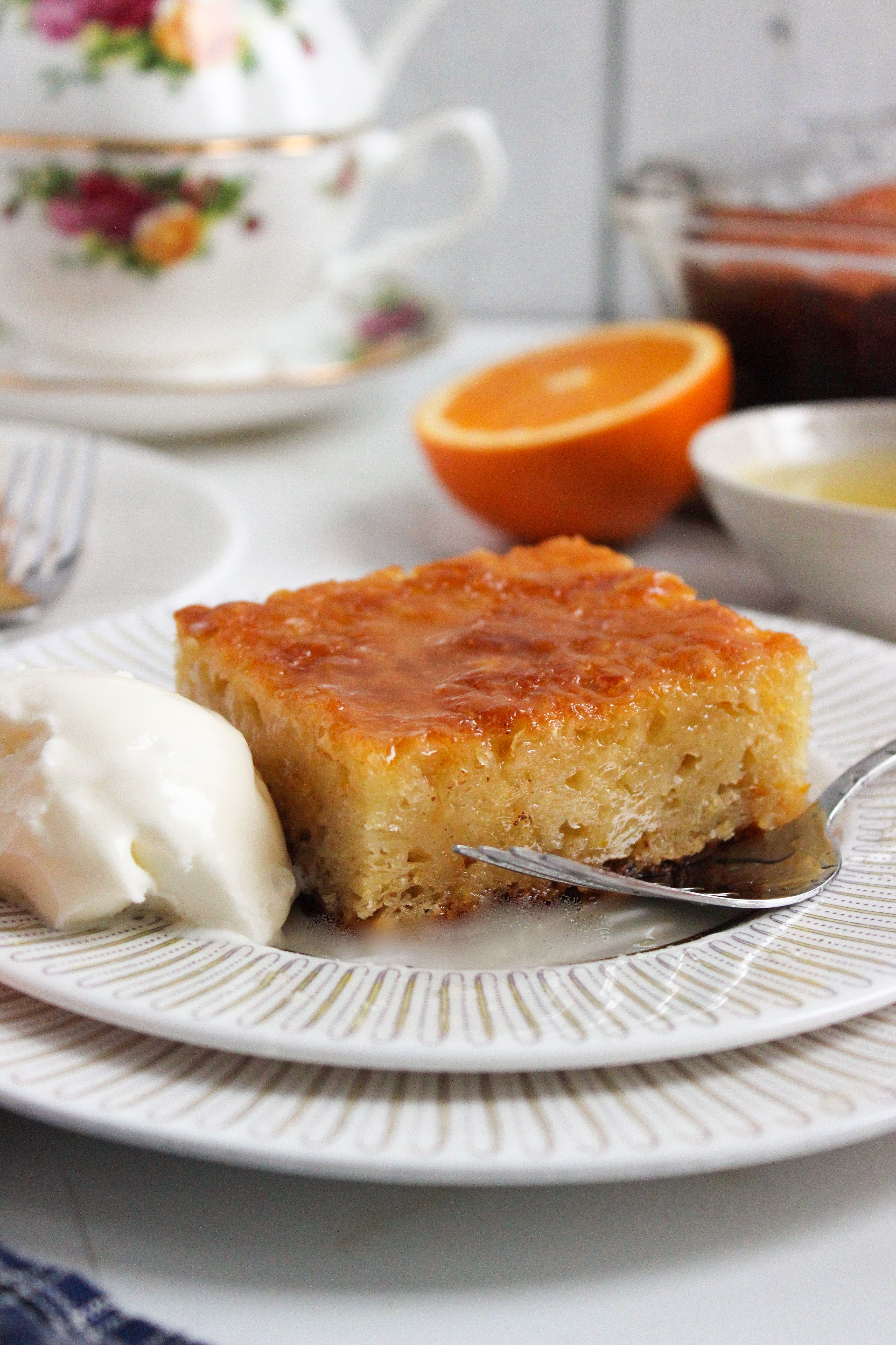 A syrup cake made with phyllo and infused with orange flavour