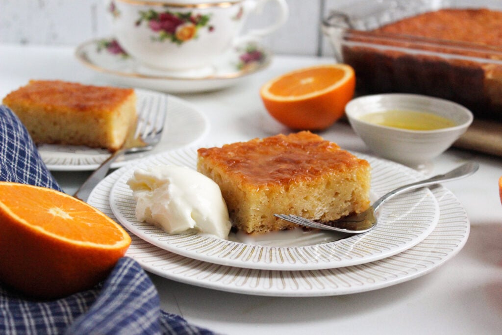 A syrup cake made with phyllo and infused with orange flavour