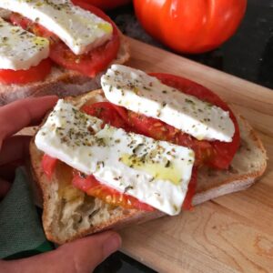 Tomato and feta toast, the Greek way to start the day.