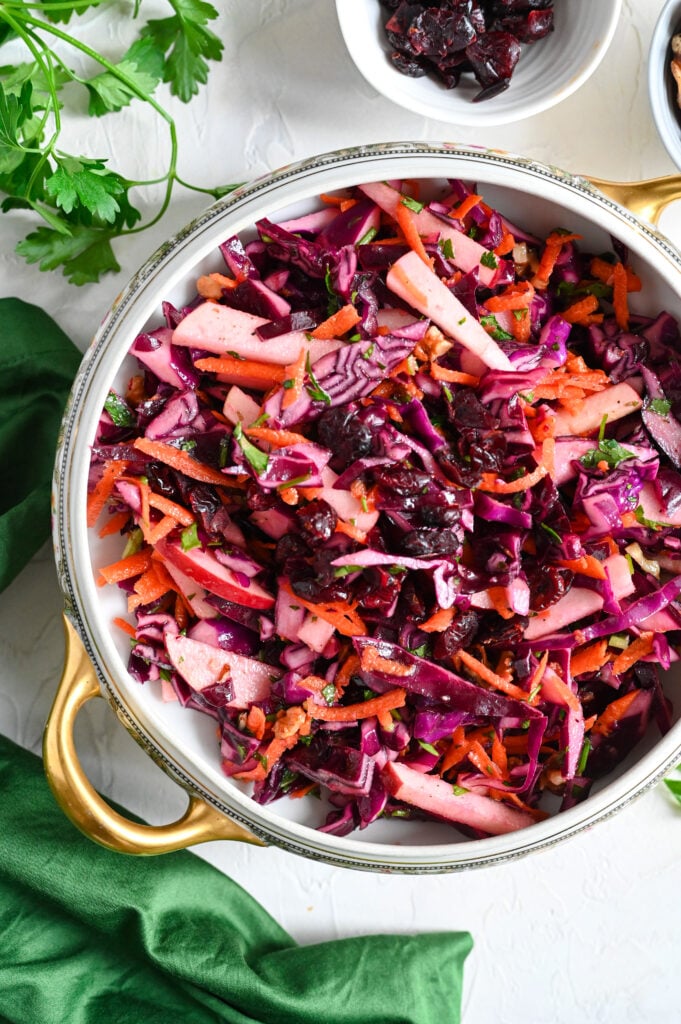 A delicious and beautiful side salad made with red cabbage and apple.