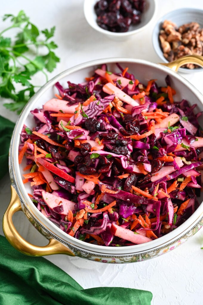 A delicious and beautiful side salad made with red cabbage and apple.