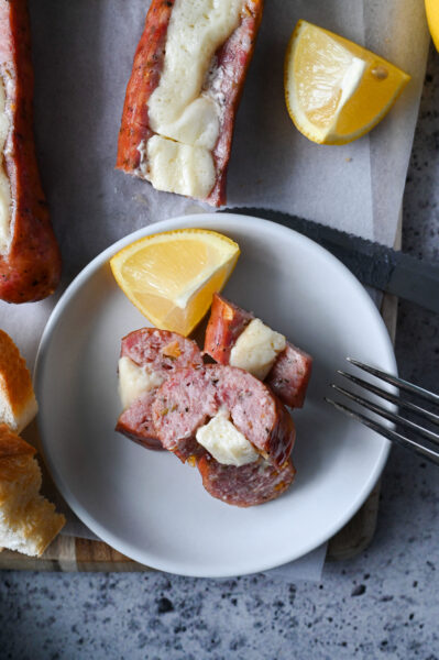 Loukaniko, or Greek sausage, stuffed with kefalotyri, a delicious Greek cheese.