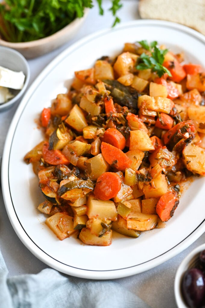 Briam, a traditional Greek meal of slow roasted vegetables and herbs.