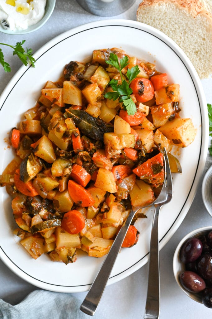 Briam, a traditional Greek meal of slow roasted vegetables and herbs.