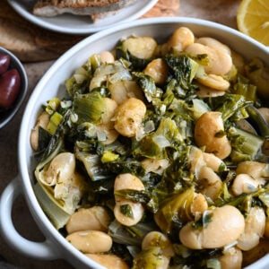 A Greek recipe which combines giant beans (gigantes) with a mixture of greens.