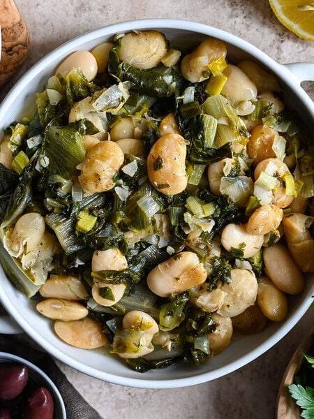 A Greek recipe which combines giant beans (gigantes) with a mixture of greens.