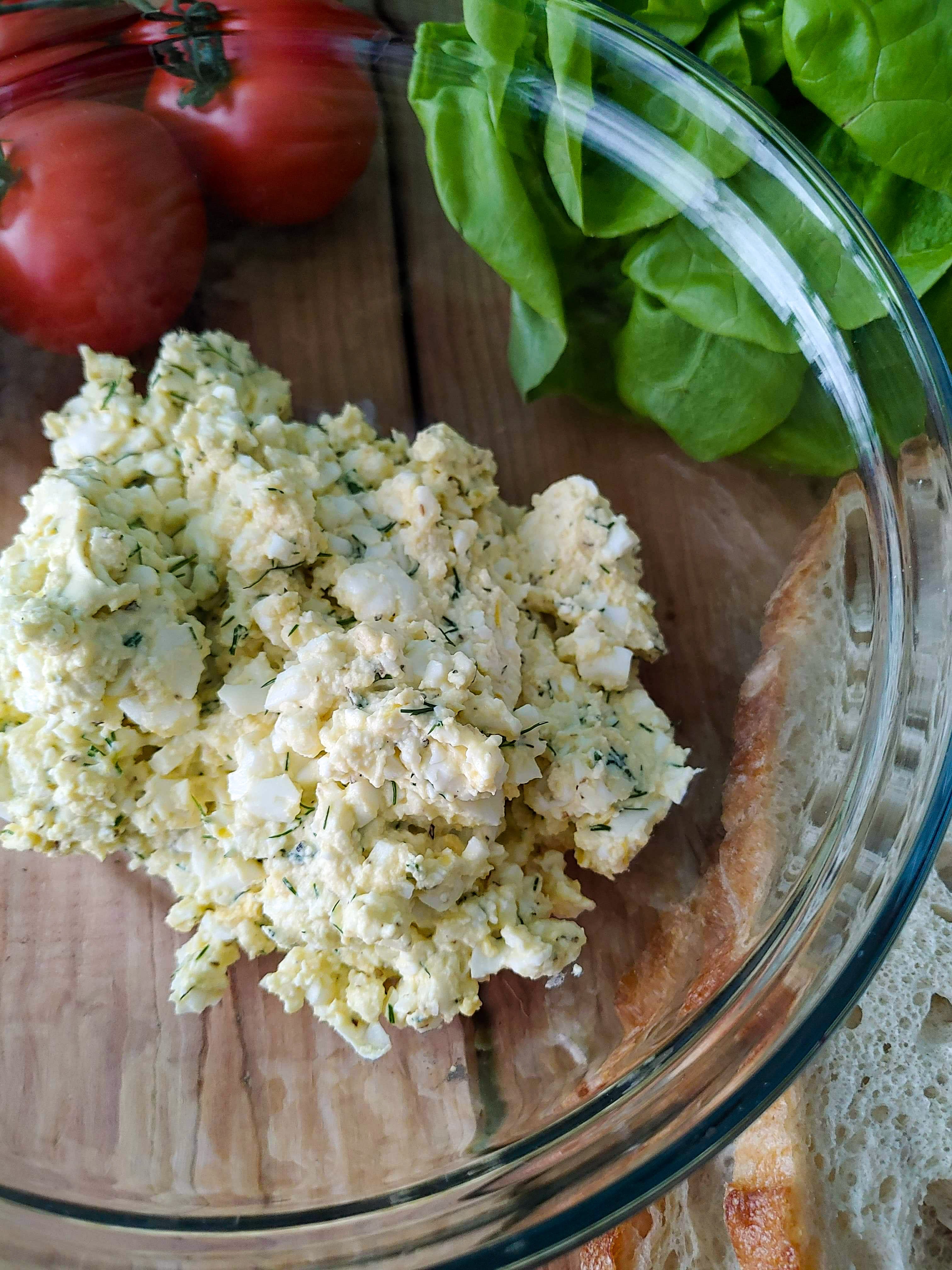 A healthy egg salad made with feta, Greek yogourt, lemon and dill, perfect for sandwiches.