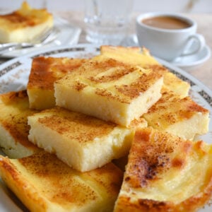 Galatopita is a Greek milk custard pie made without phyllo or crust.