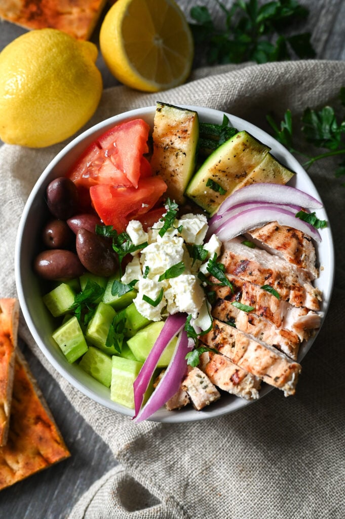 A grilled chicken bowl inspired by Greek flavours.