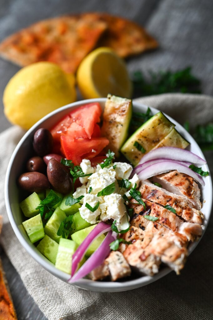 A grilled chicken bowl inspired by Greek flavours.