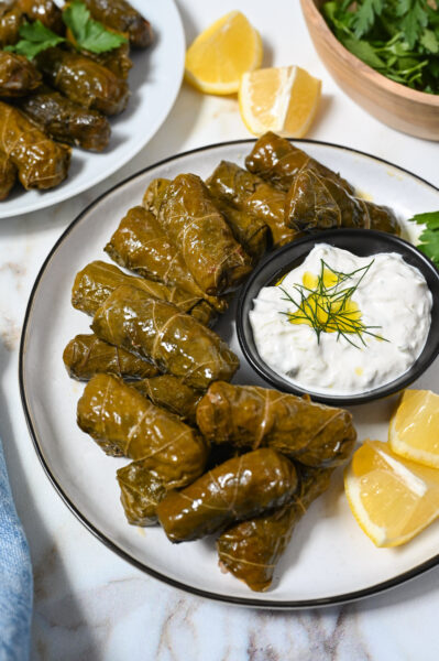 Vine leaves stuffed with rice and herbs. A Greek specialty!