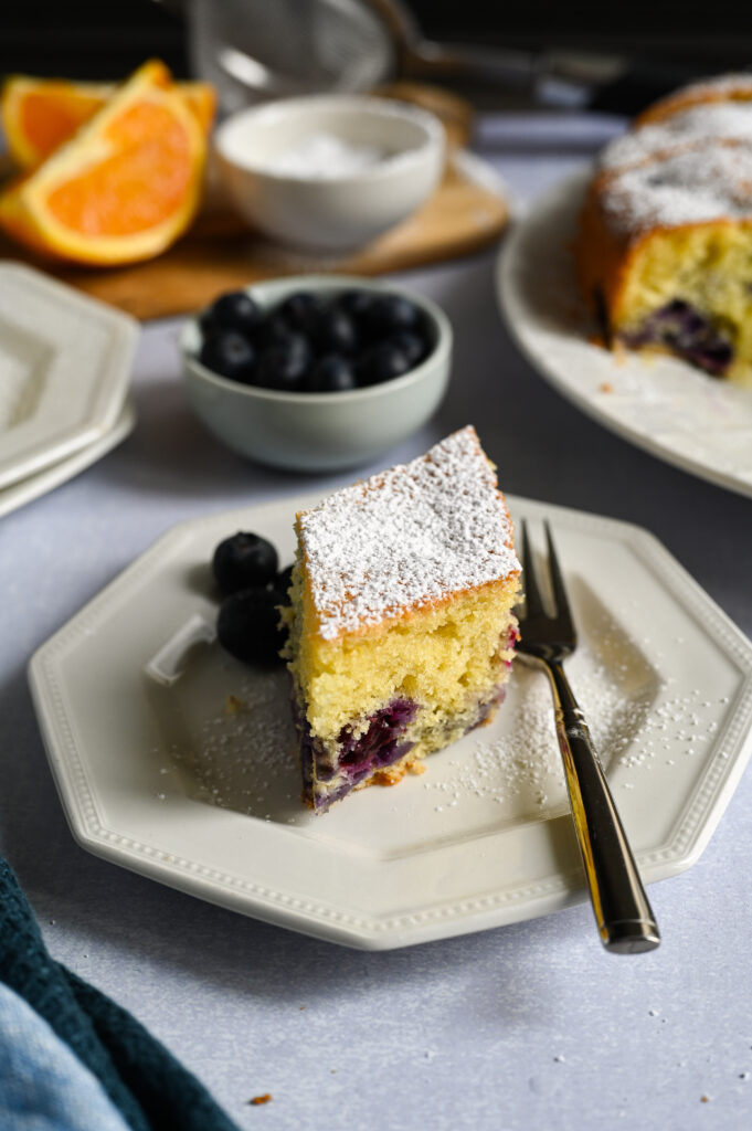 A dairy-free coffee cake loaded with blueberries, almond flavour and a subtle hint of orange.