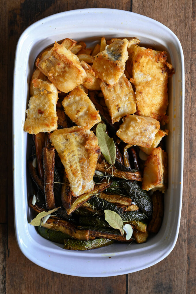 Greek style fish and chips...with eggplant and zucchini.