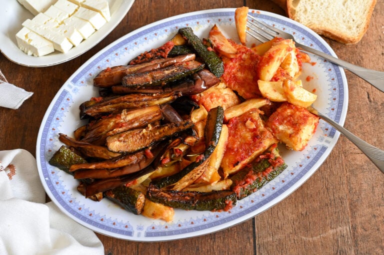 Cod with eggplant and potatoes (Μπακαλιάρος με μελιτζάνες και πατάτες)