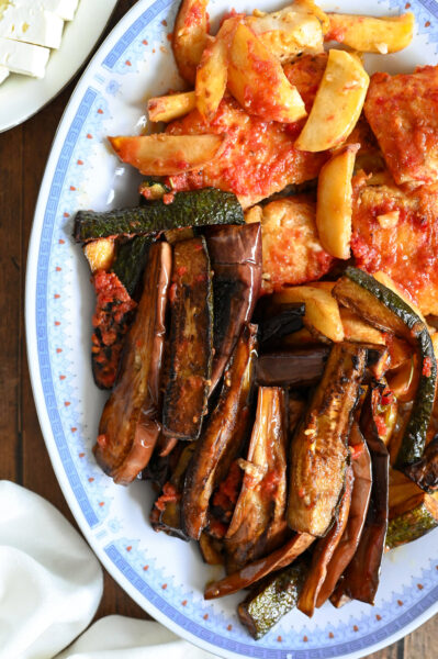 Greek style fish and chips...with eggplant and zucchini.