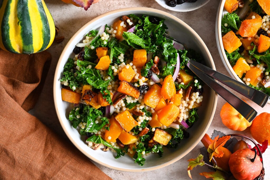 A beautiful autumn salad combining butternut squash, pearl couscous, dried fruit and nuts.