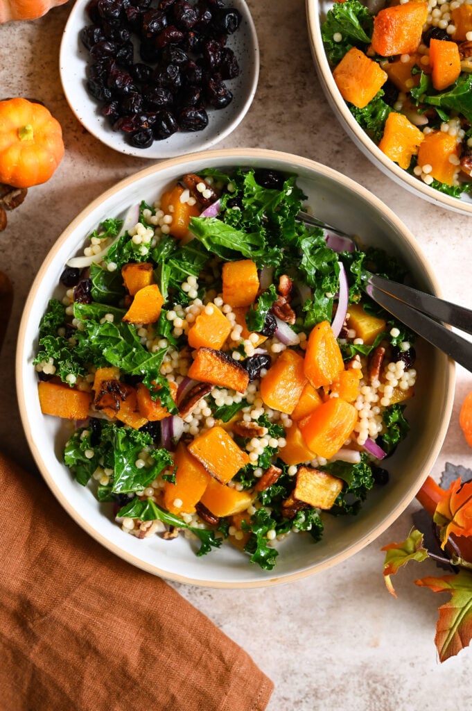 A beautiful autumn salad combining butternut squash, pearl couscous, dried fruit and nuts.