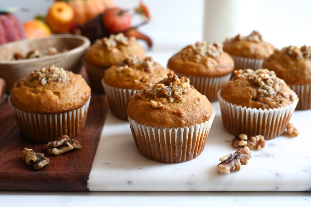 Perfect, easy pumpkin muffins full of spice and walnuts.