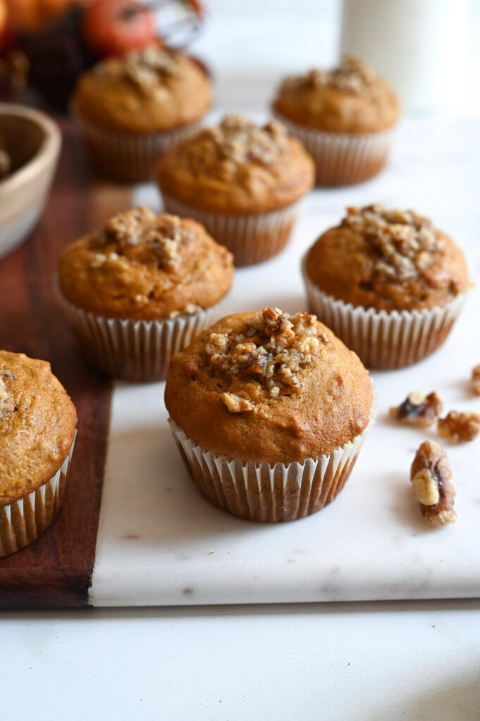 Perfect, easy pumpkin muffins full of spice and walnuts.
