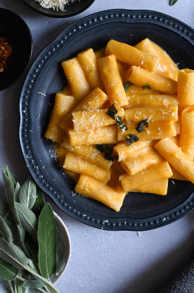 A creamy riganoti pasta topped with butternut squash sauce topped with fried sage.
