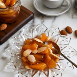 Quince spoon sweet is a classic Greek dessert of fruit boiled in a syrup.