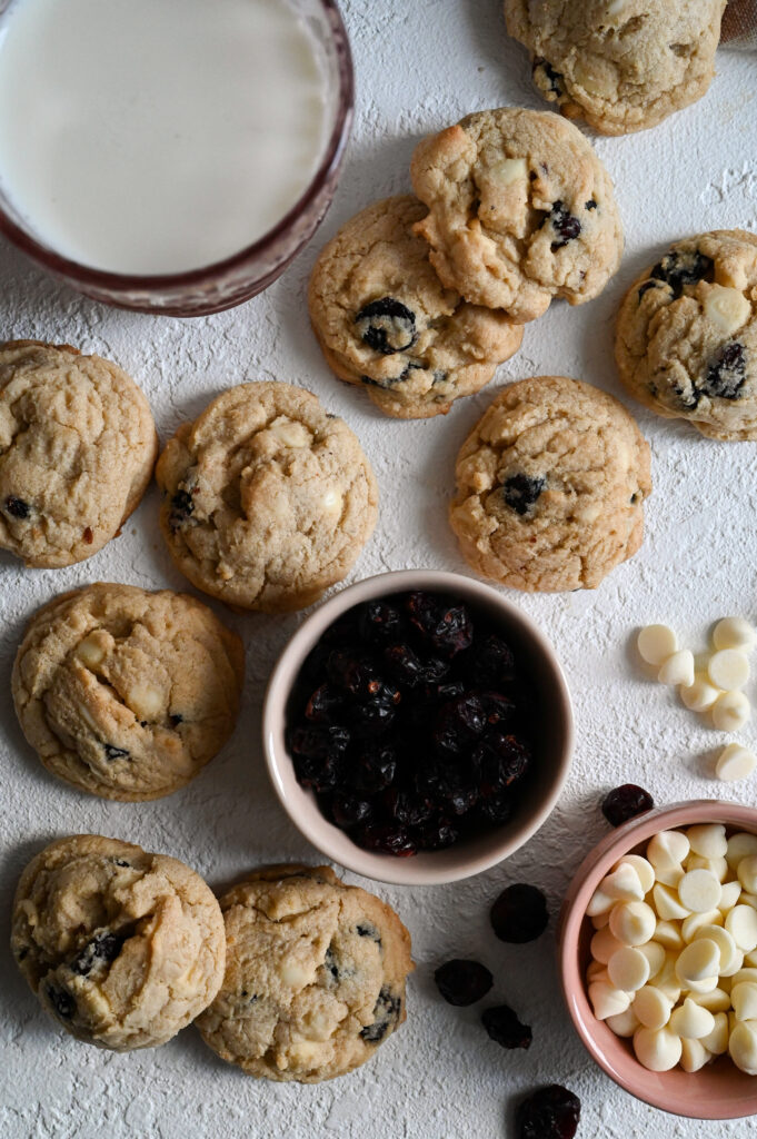 The perfect white chocolate and cranberry cookies! A sweet and tangy combination.