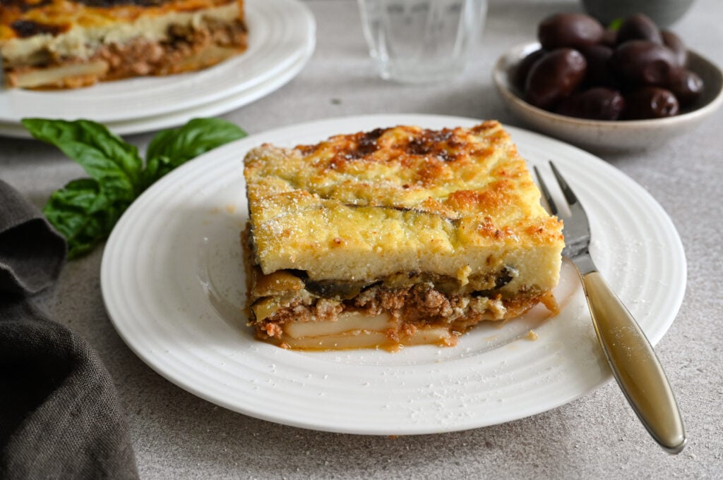 Moussaka is a Greek classic made of layered eggplant, potato, meat sauce and béchamel.