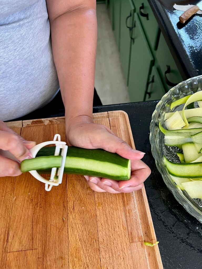Zucchini and cucumber ribbon salad with feta